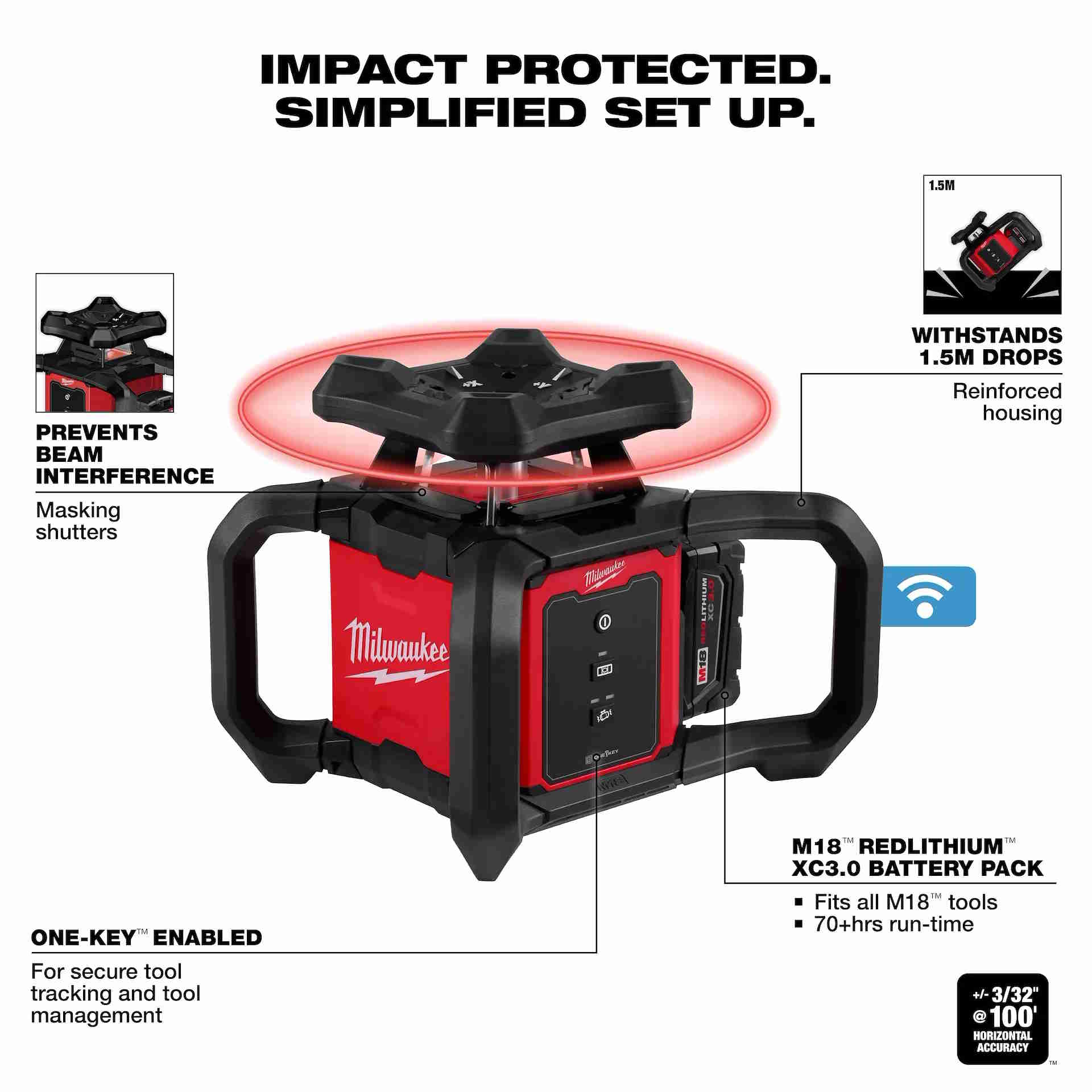 MILWAUKEE 3701-21T M18™ Red Exterior Rotary Laser Level Kit w/ Receiver Tripod - Image 2