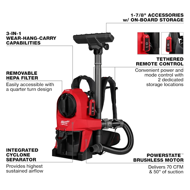 MILWAUKEE 0895-20 M18 FUEL™ 3-in-1 Backpack Vacuum - Image 4