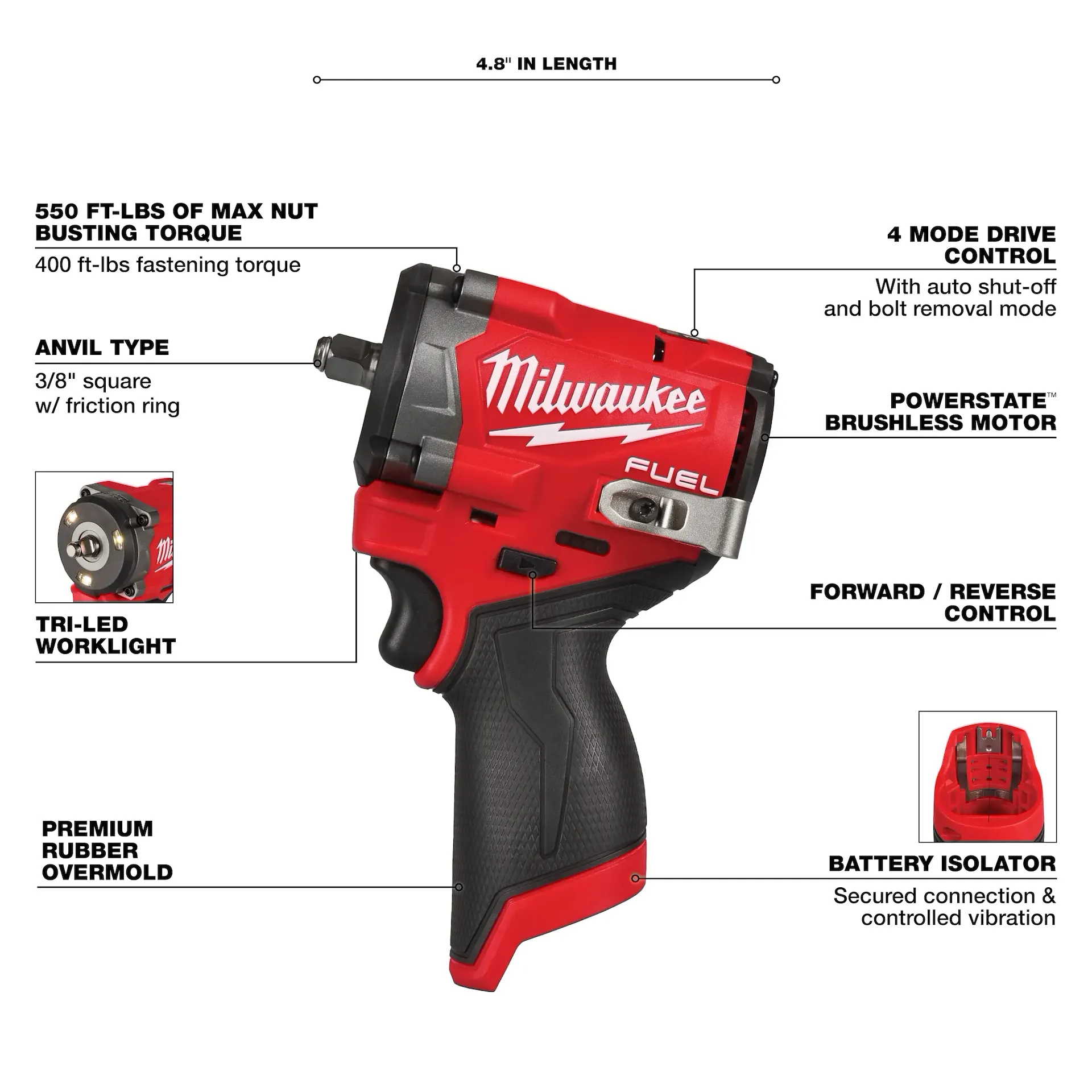 MILWAUKEE 2562-20 M12 FUEL™ Stubby 3/8" Impact Wrench (Tool Only) - Image 3