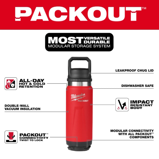 MILWAUKEE 48-22-8396R PACKOUT 24oz Insulated Bottle with Chug Lid - Red - Image 3