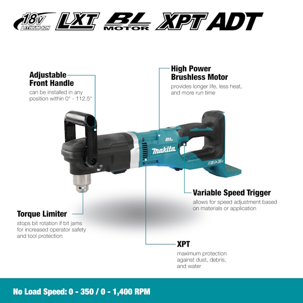 MAKITA DDA460Z 18Vx2 LXT Brushless 1/2" Angle Drill (Tool Only) - Image 4