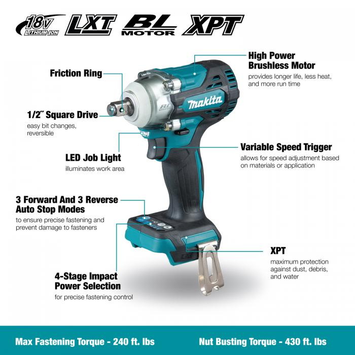 MAKITA DTW300XVZ 18V 1/2" BL Impact Wrench (Tool Only) - Image 4
