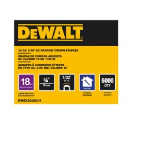DEWALT 18GA, 7/32" Crown Staple, 3/4" Leg, Chisel Point, Coated, 5000 CT