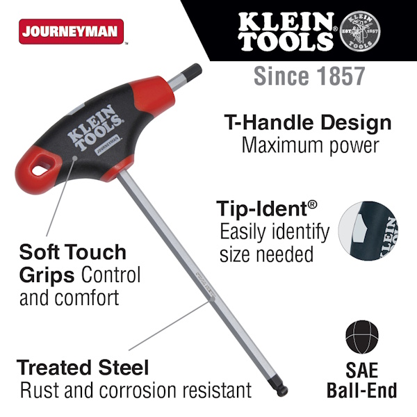 KLEIN JTH6E11BE 3/16" X 6" Ball-End Hex Key, Journeyman T-Handle - Image 2