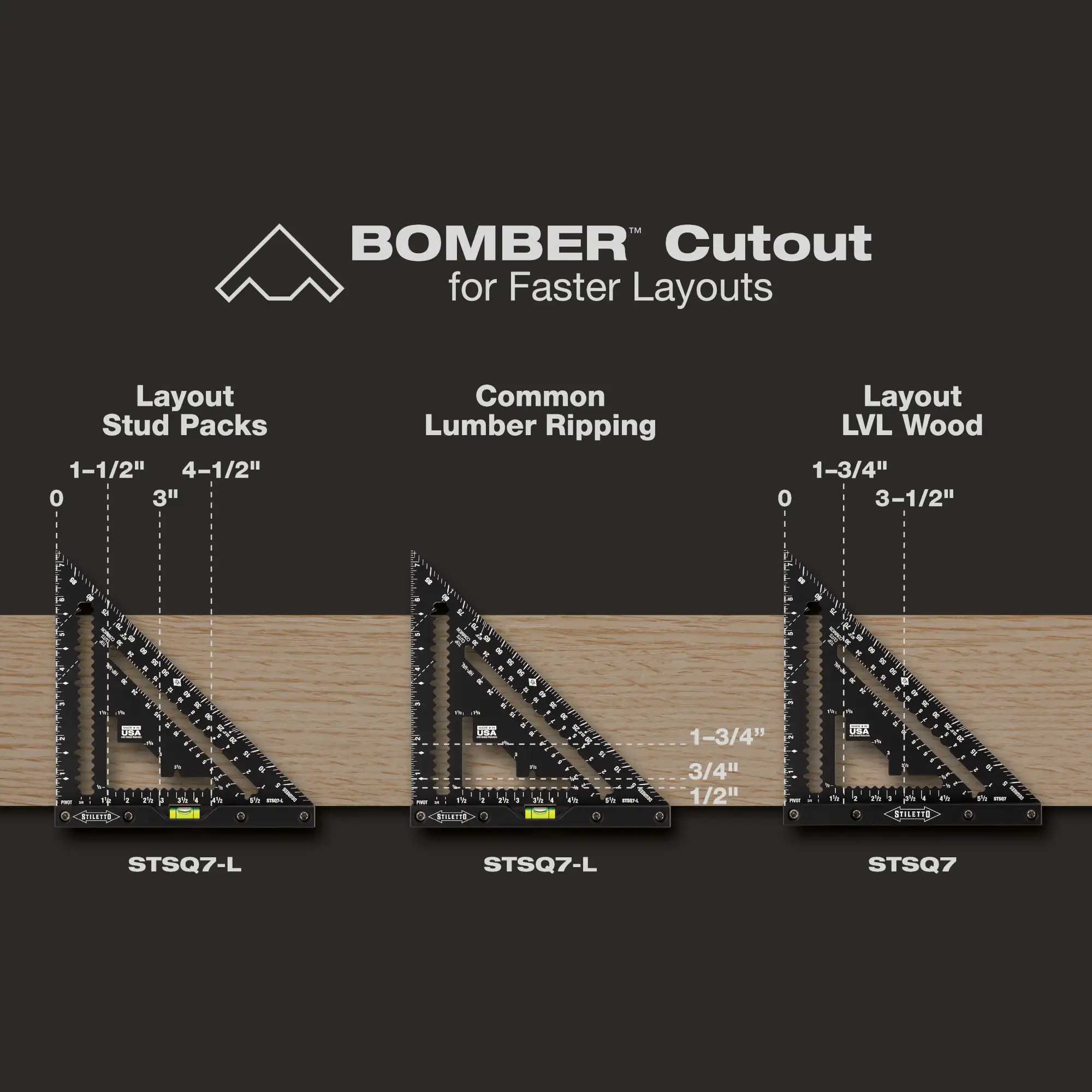 STILETTO STSQ7-L 7" Carpenter Square w/ Bomber Layout Notches & Built-in Level - Image 3