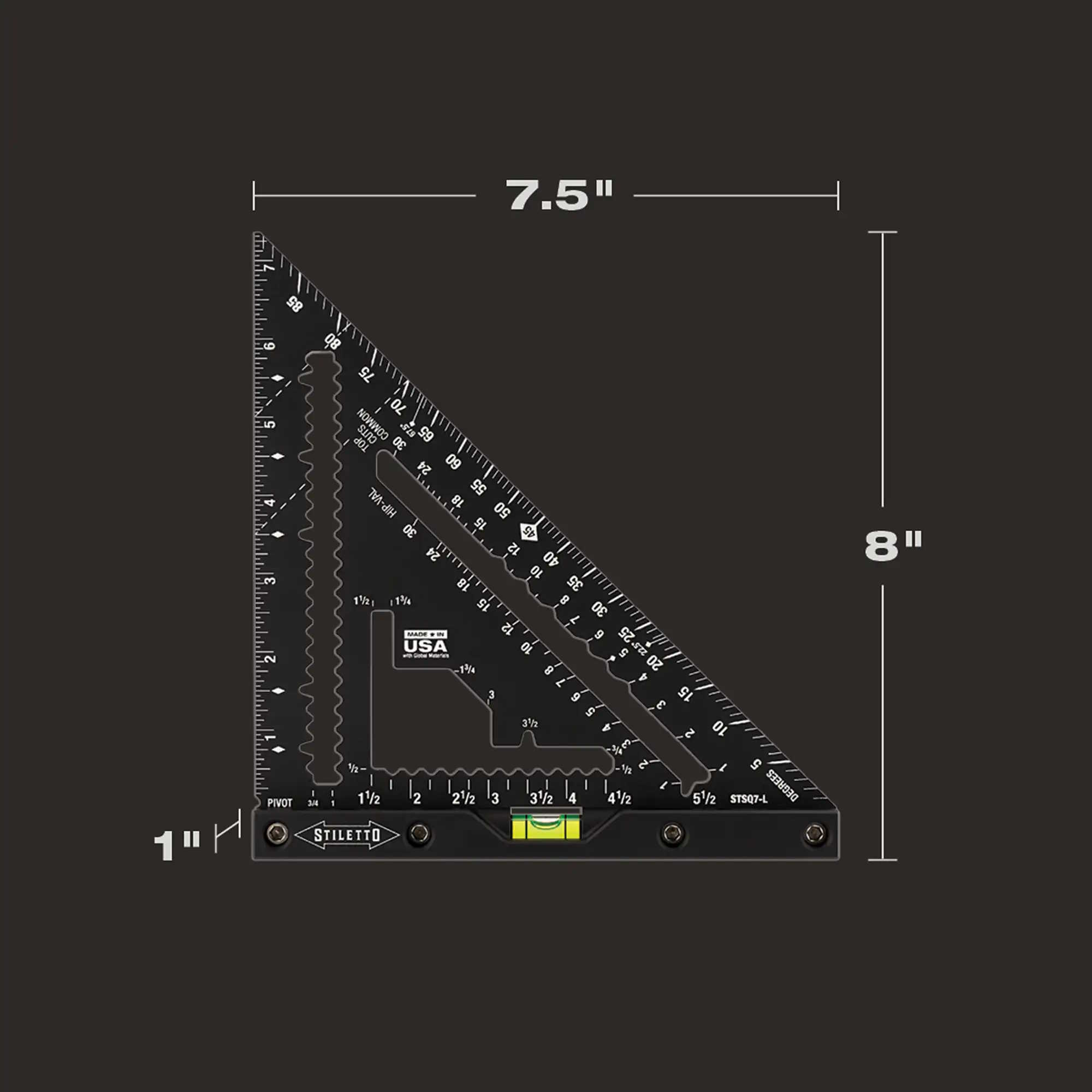 STILETTO STSQ7-L 7" Carpenter Square w/ Bomber Layout Notches & Built-in Level - Image 4