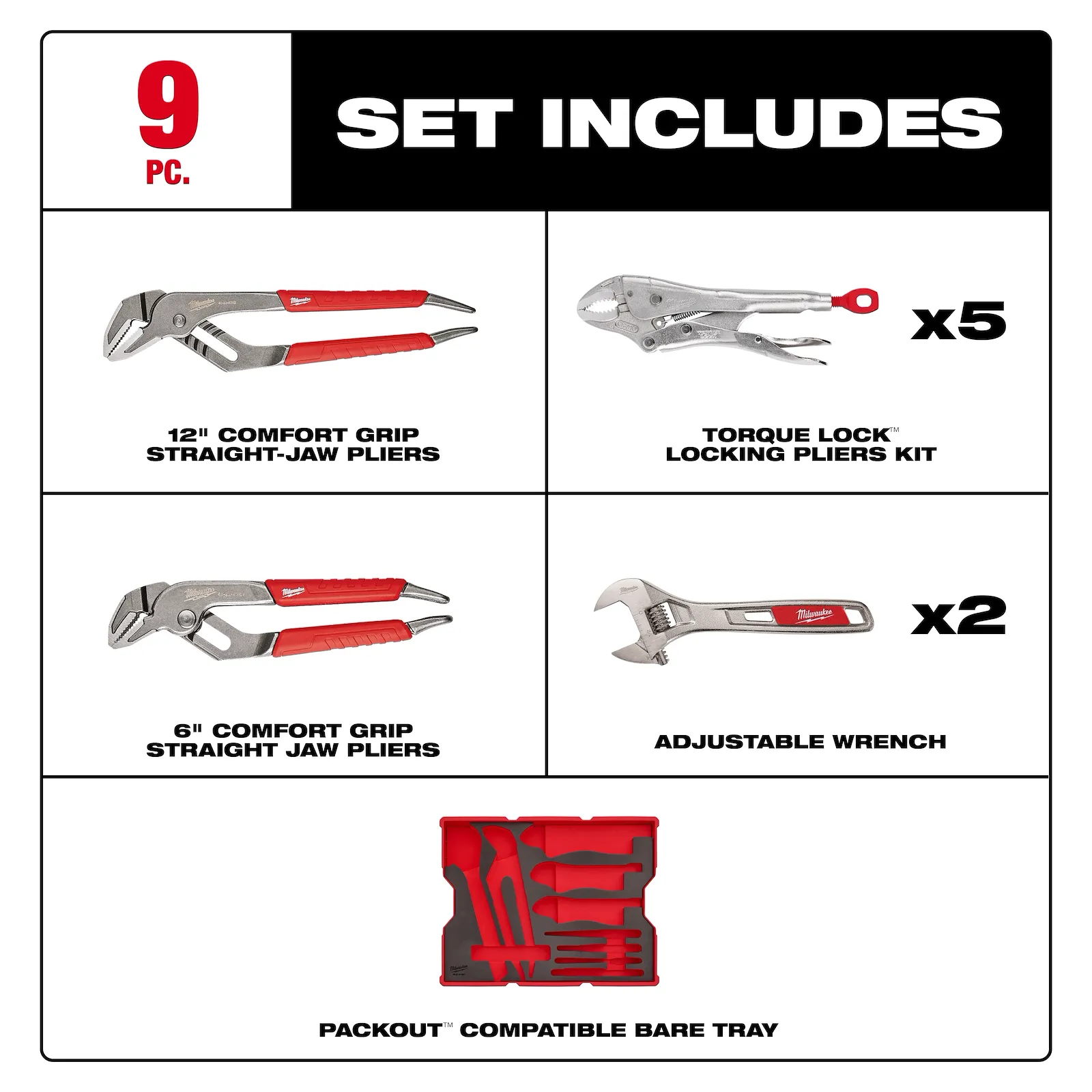 MILWAUKEE 48-22-0160 9PC Pliers & Wrench Set with Tray for PACKOUT Drawers - Image 2