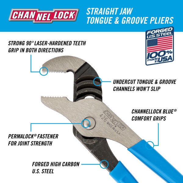 CHANNELLOCK CHA-426 6-1/2" Straight Jaw Tongue & Groove Pliers - Image 2