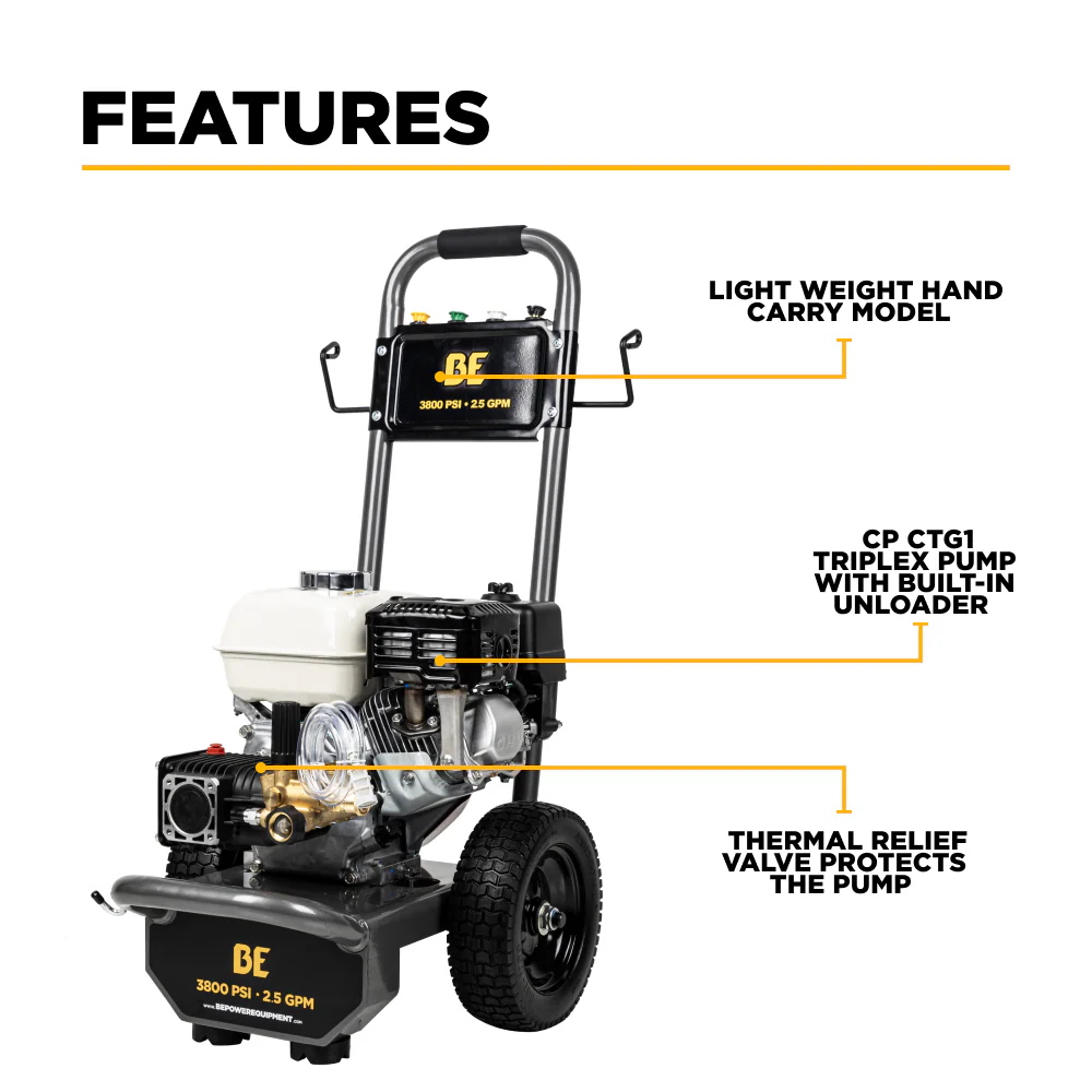 BE B3865HA 3,800 PSI 2.5 GPM Cold Water Gas Pressure Washer, Honda GX200 Engine - Image 3