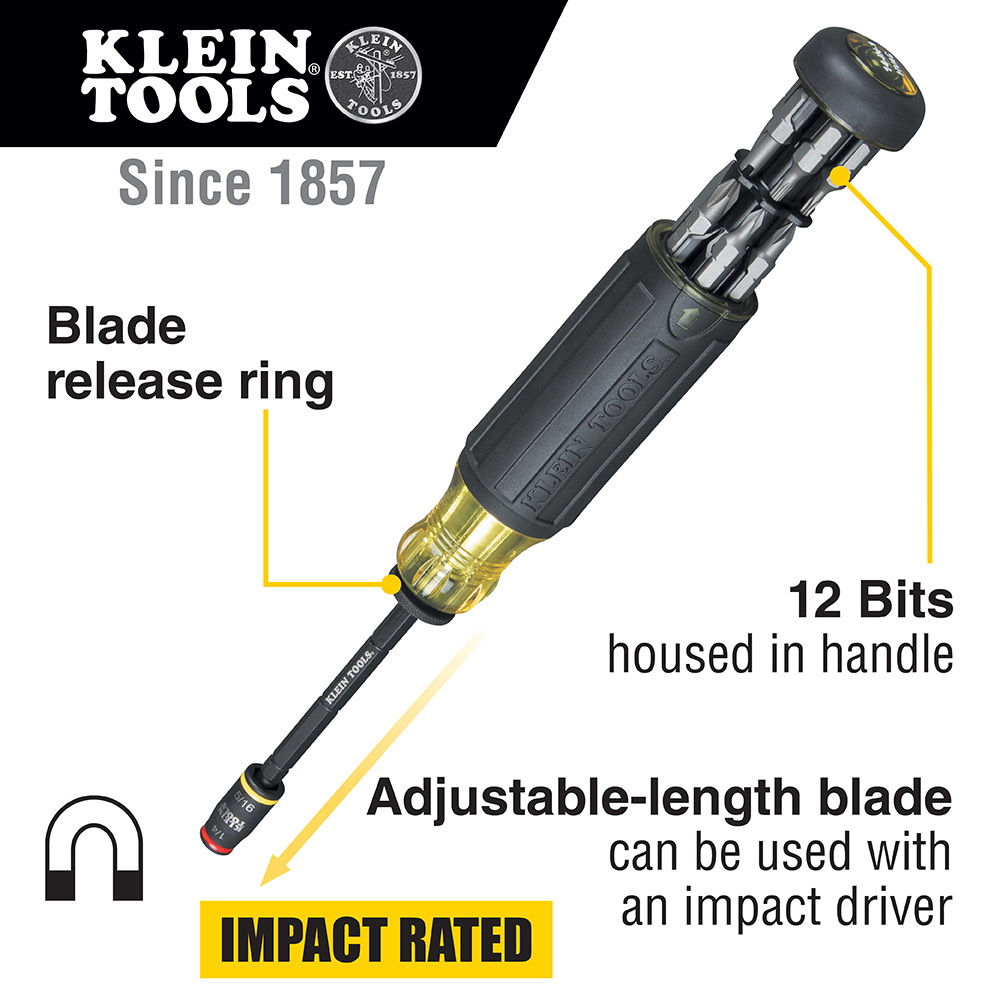 KLEIN 32304 14-in-1 HVAC Adjustable-Length Impact Screwdriver with Flip Socket - Image 2