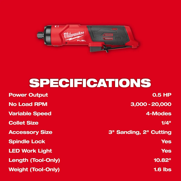 MILWAUKEE 3486-20 M12 FUEL 1/4" Straight Die Grinder VS (10-20,000 rpm) - Image 8